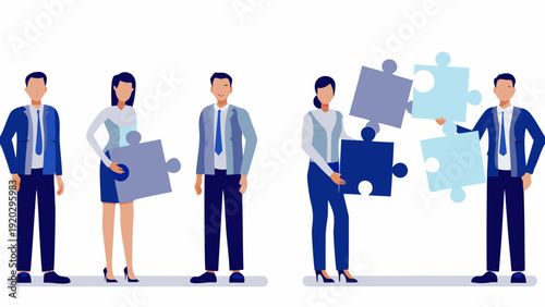 Business team collaborating with puzzle pieces in modern office setting