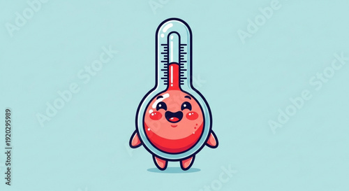 Smiling Thermometer Character with High Temperature on Light Blue Background