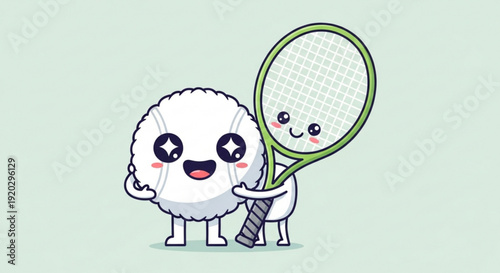 Cartoon Sheep Playing Tennis with Racket on Green Background