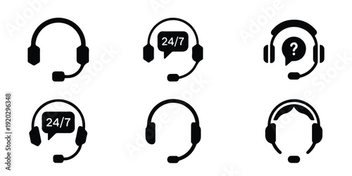 Collection of six headset icons for communication customer service and support services