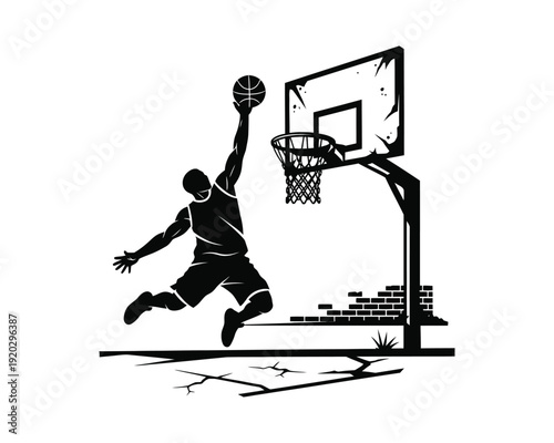 Concrete court Basketball dunk vector silhouette illustration design, concrete court basketball dunk vector, outdoor court dunk silhouette, street court basketball vector, urban concrete court dunk 