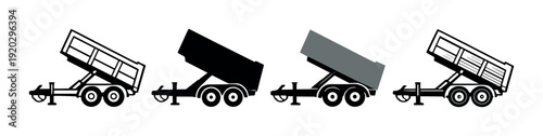 Four dump trailers tilted upward for unloading on plain background