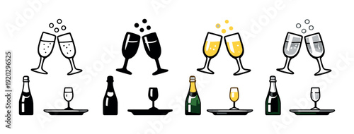 Champagne glasses clinking above bottles on gray surface