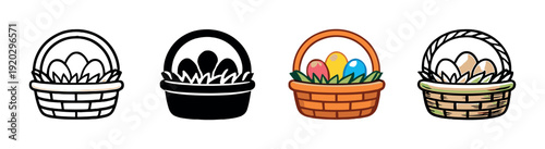 Four baskets filled with eggs arranged on gray background
