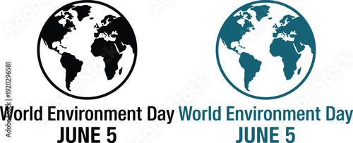 World Environment Day June 5 Typography Set with Black and Teal Globe Earth Silhouettes for Global Ecology Awareness Branding