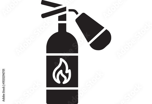 Fire extinguisher icon with black silhouette and white flame symbol on bottle featuring safety, emergency, firefighting with equipment and nozzle elements for safety equipment, emergency response