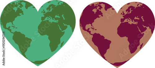 Heart Shaped World Map Silhouette Set in Green and Earth Tones for Environmental Conservation and Global Love Advocacy Branding