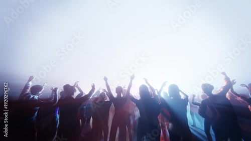 Concert crowd with arms raised in the air, enjoying the music and atmosphere.