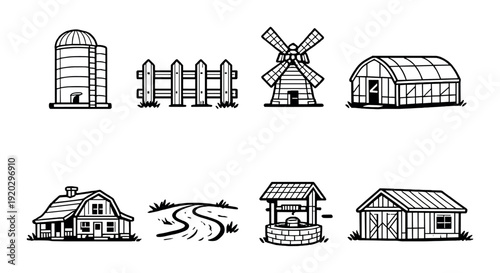 Farm buildings and structures arranged on dark background