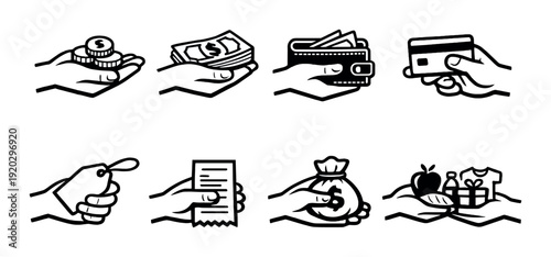 Hands showing payment methods and transaction items on dark background