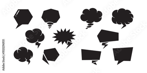 Set of twelve black solid comic speech bubbles and shapes with lightning and explosions