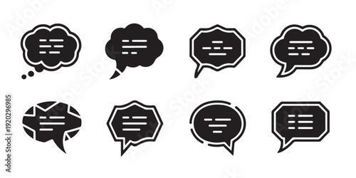 Eight black speech bubbles with horizontal lines and white borders for text