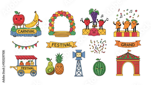 Festive Food Carnival: A vibrant illustration showcasing a lively food carnival, featuring adorable anthropomorphic fruit characters and festive decorations. 