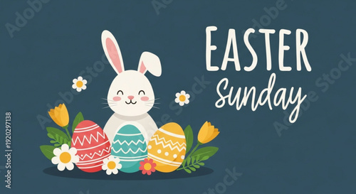 Easter Sunday celebration with bunny and eggs surrounded by flowers from a front viewpoint