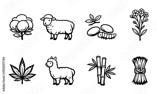 Fiber source plants and animals arranged on gray panel