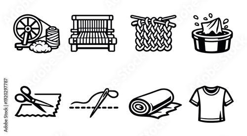 Textile production and garment tools arranged on gray panel