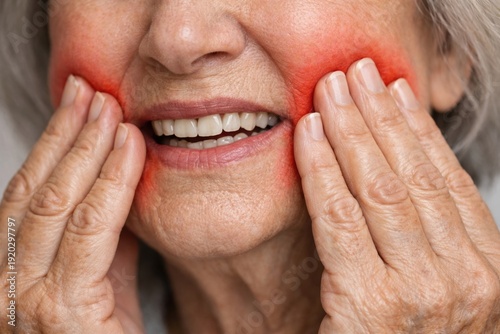 Close up of an elderly woman holding her cheeks with red glowing spots symbolizing acute toothache, gum inflammation, or sensitive teeth pain