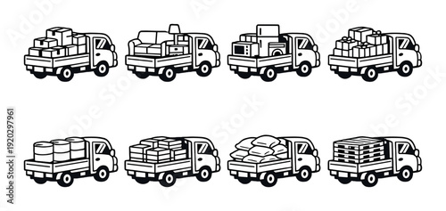 Small trucks carrying assorted cargo icons on flatbeds
