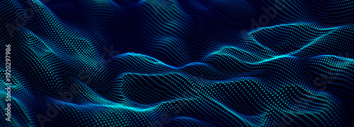 Particle stream. Biue background with many glowing dots. Information technology background. 3d rendering.