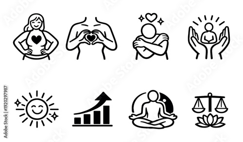 Wellness icons depicting self care practices and balance