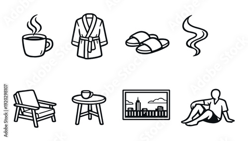 Coffee cup robe and slippers with seating and window scene