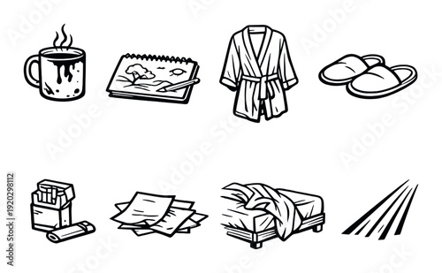 Assorted morning items including robe and slippers on dark background