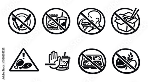 Food restriction and allergen warning symbols on gray background