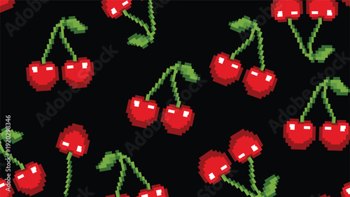 Seamless repeating pattern of bright red pixel art cherries with green stems scattered across a solid black background.