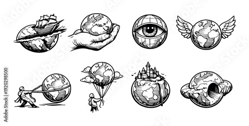 Globe illustrations with ship hand eye wings and fantasy on gray