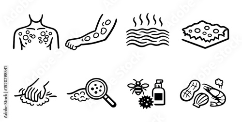 Skin rash and allergen icons showing causes and triggers