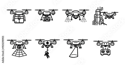 Drone icons for delivery imaging spraying and rescue on gray backdrop