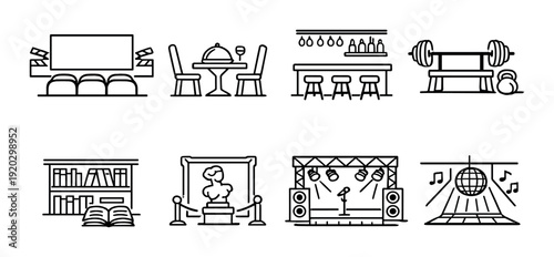 Entertainment and leisure icons displayed on dark background