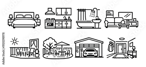 Home room icons showing interiors and exterior spaces grid