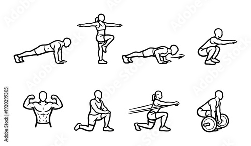 People performing various exercise movements on gray background