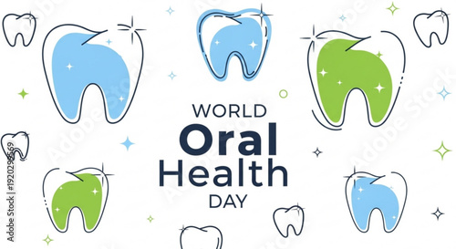 Celebrating World Oral Health Day with illustrations of healthy teeth and gums in a clean environment from a straightforward viewpoint