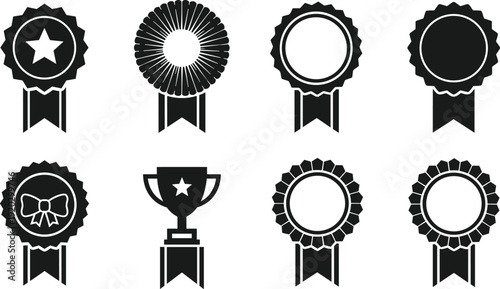 Black and white vector award ribbon icons and trophy silhouettes set for achievement certification, quality guarantee labels, competition winner prizes, and reward badge design
