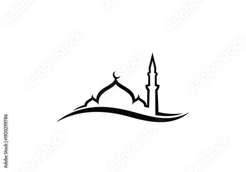 Minimalist mosque with dome and minaret silhouette on white background for religious design