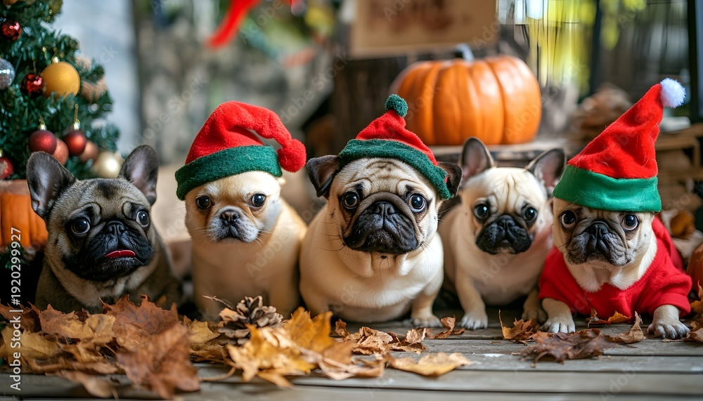 Obraz premium A playful group of adorable pugs wearing festive hats, surrounded by autumn leaves and seasonal decorations, perfect for capturing the joy of the holiday season with pets.