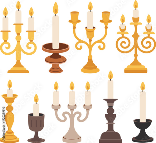 Candle holder vector illustration, ornate decorative designs with lit candles, gold bronze black styles, interior decor artwork, traditional lighting concept design