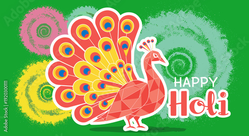 Vibrant Peacock Dancing During Holi Festival Celebration with Colorful Powder in Air