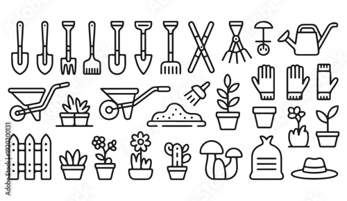 Garden tools and plants line icon collection featuring trowel, gloves, watering can and botanical growth symbols