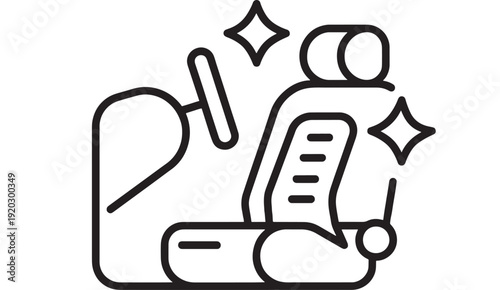 Medicine pills and prescription bottle icon with tablets, capsule, label, and sparkle symbols, minimal black line outline for pharmacy, healthcare, and drug packaging design