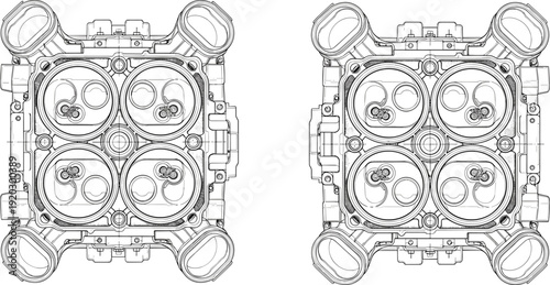 Detailed engine cylinder head blueprint illustration, technical automotive mechanical drawing with valves pistons and internal combustion components