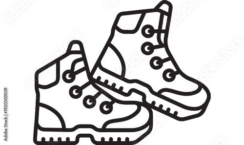 Boots hiking pair line icon with lace-up ankle footwear, rugged outsole tread and minimal outline design, outdoor adventure camping trekking shoes symbol isolated