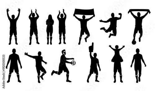 Soccer Supporter Black Silhouette Poses Vector Icon Set