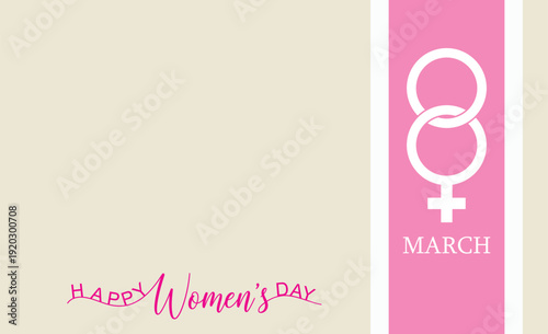 Happy women's day march 8th celebration background with feminist symbol on pink beige template for greeting card or social media post