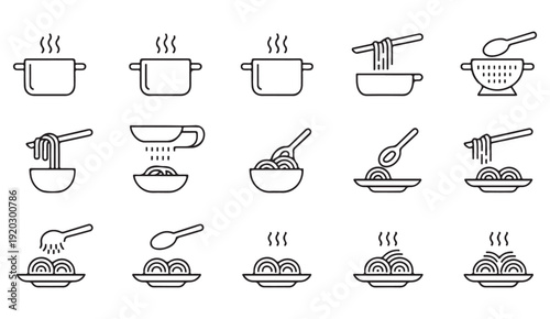 Culinary cooking and hot food outline icon pack with soup dishes, noodle bowls and kitchen serving symbols