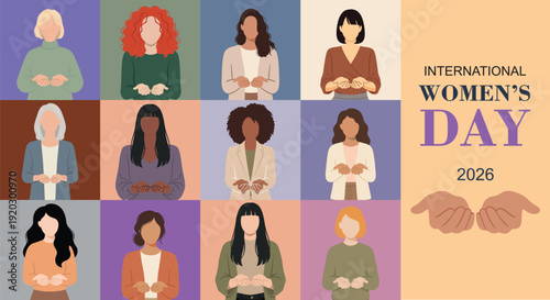 Diverse women silhouettes celebrating international women's day 2026 in colorful squares