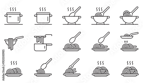 Hot meal and cuisine outline icons including soup, ramen noodles, pasta bowls and cooking pot symbols