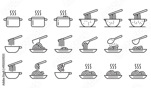 Kitchen cooking and food preparation line icon set featuring soup pot, noodles bowl, rice meals and steaming dishes